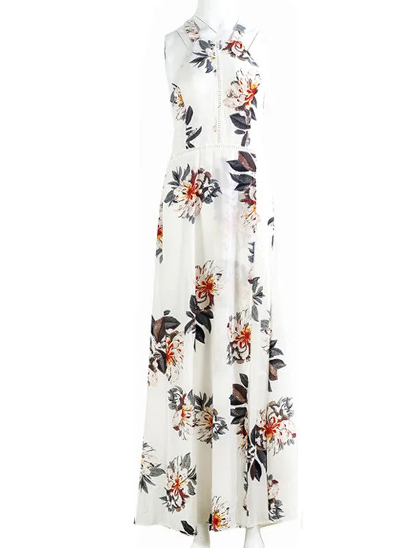 Retro Floral Print Sleeveless Halter Dress