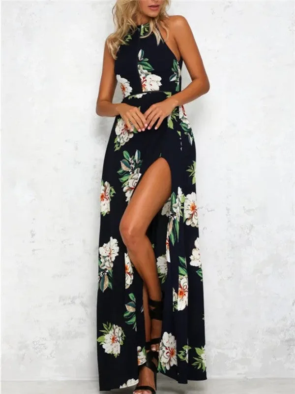 Retro Floral Print Sleeveless Halter Dress