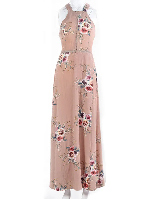 Retro Floral Print Sleeveless Halter Dress