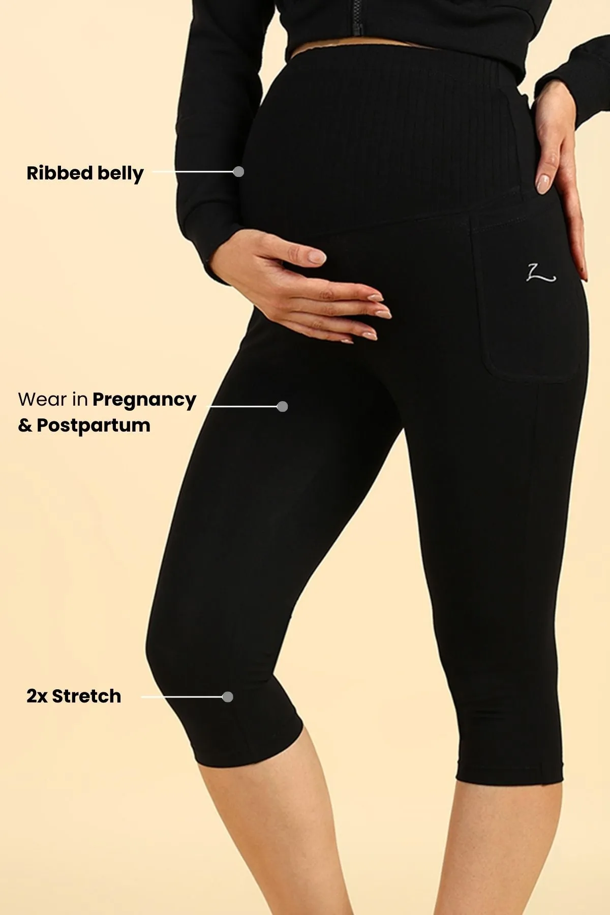 Ribbed Cotton Black Maternity Capri (Pregnancy & Postpartum)