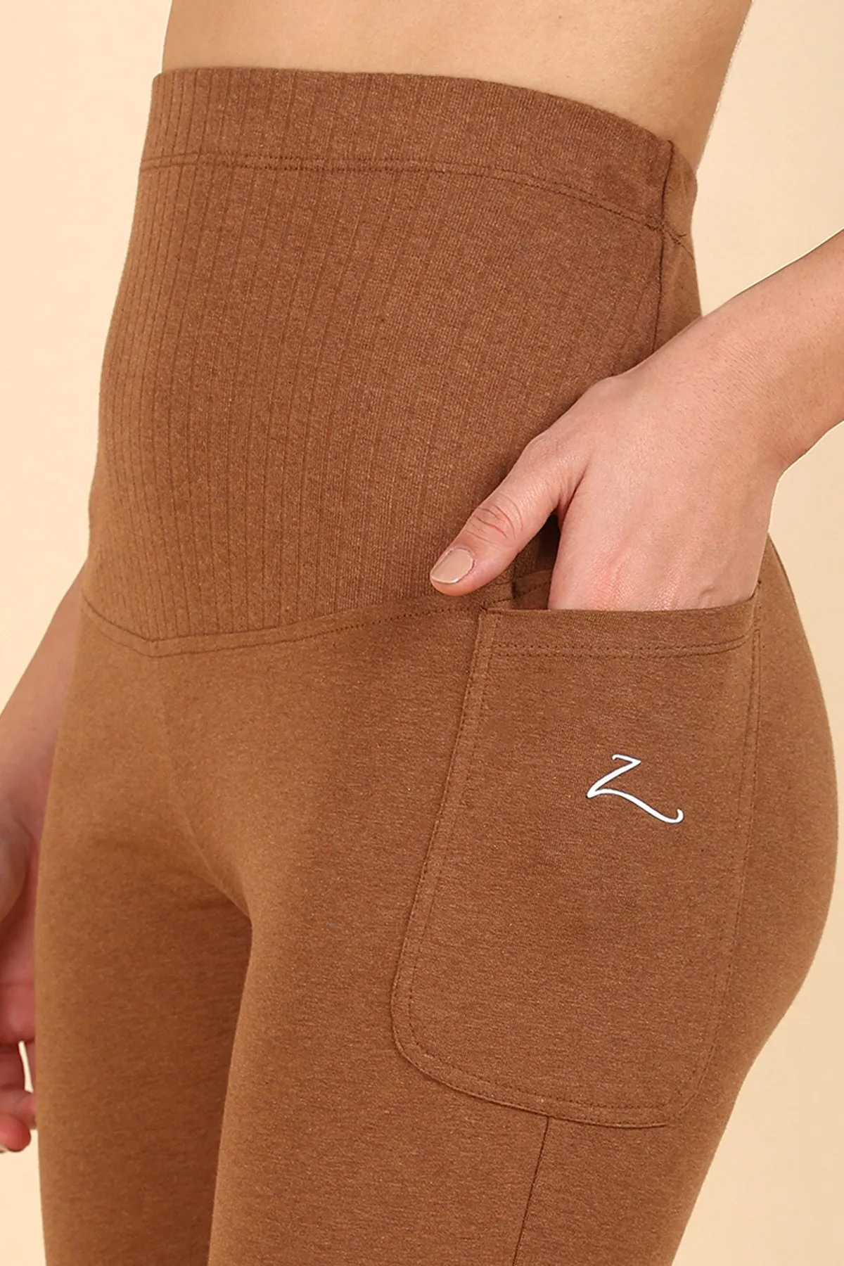 Ribbed Cotton Melange Brown Maternity Legging (Pregnancy & Postpartum)