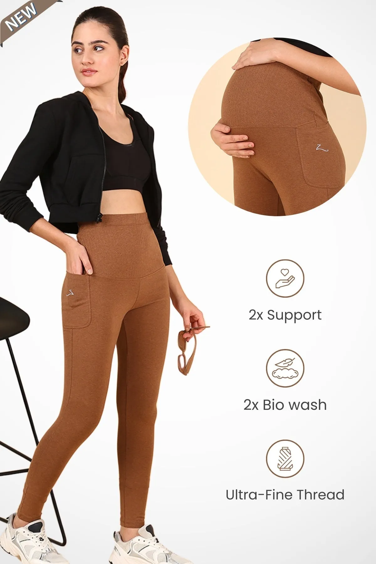 Ribbed Cotton Melange Brown Maternity Legging (Pregnancy & Postpartum)