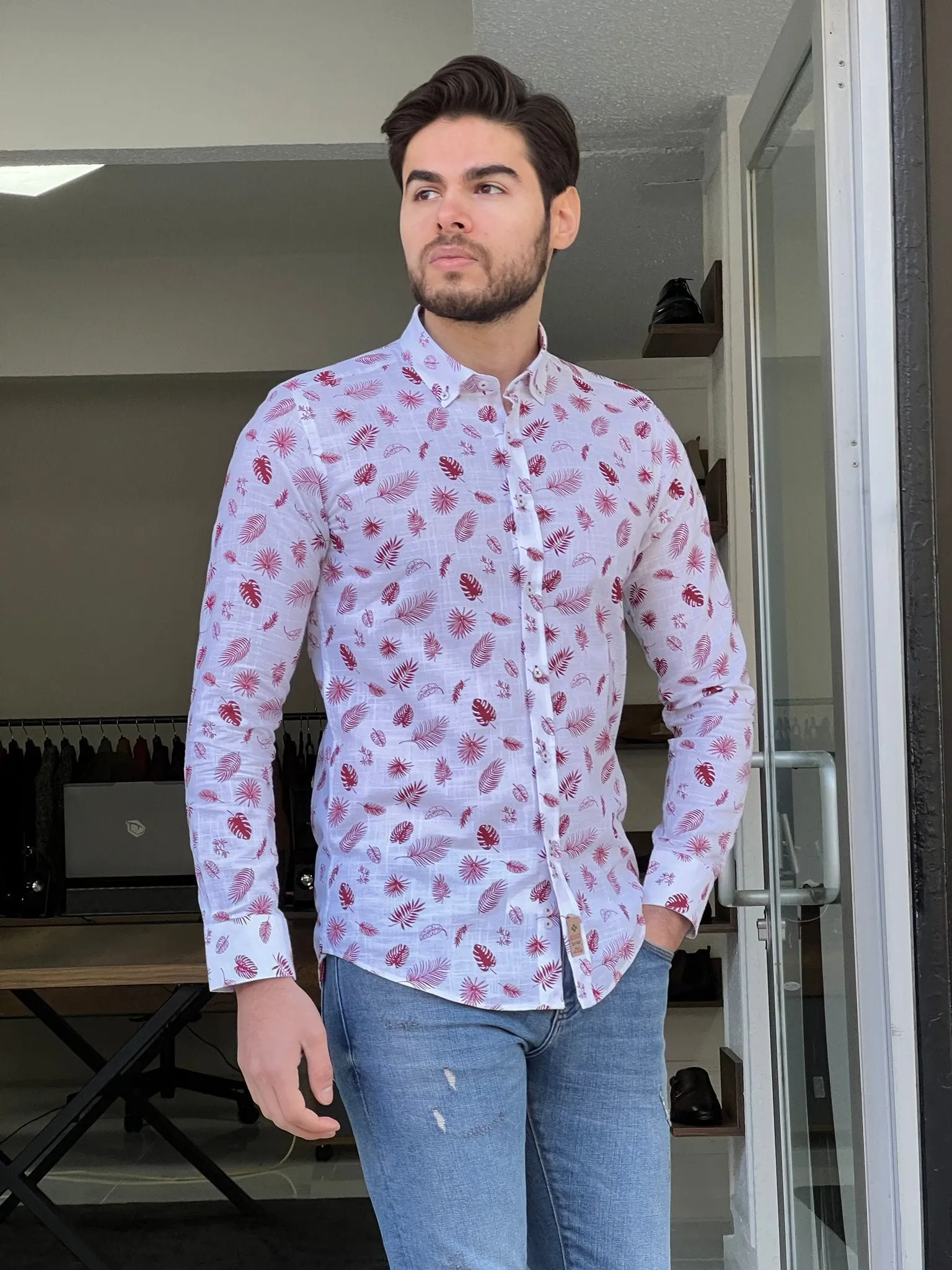 Slim Fit Leaf Pattern Claret-red Cotton Shirt