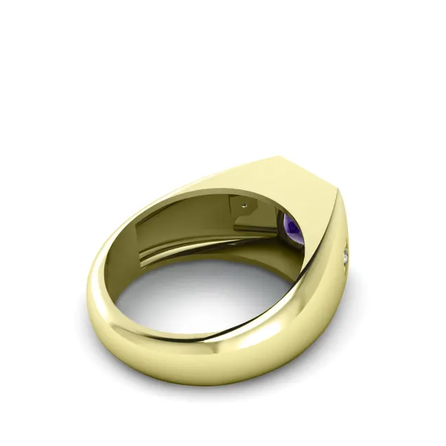 Solid 10K Gold Designer Men's Ring 0.06ct Diamonds with Purple Amethyst Classic Male Jewelry