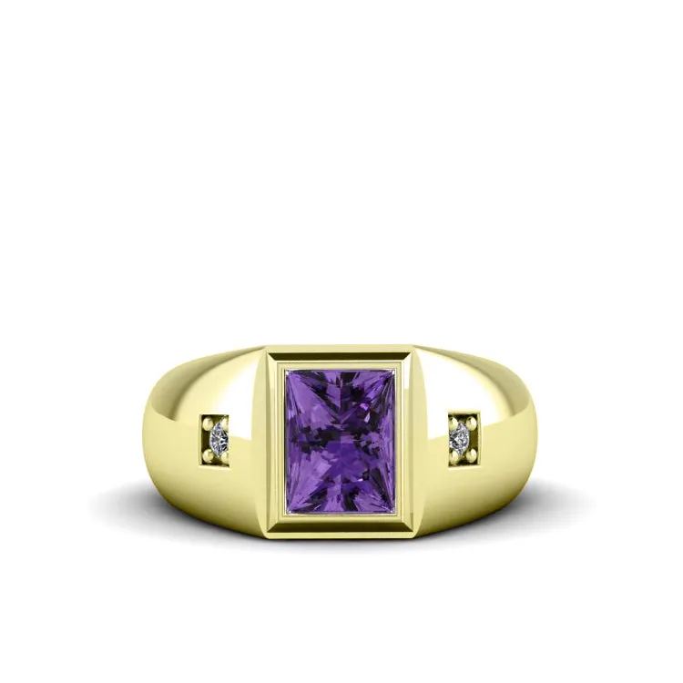 Solid 10K Gold Designer Men's Ring 0.06ct Diamonds with Purple Amethyst Classic Male Jewelry