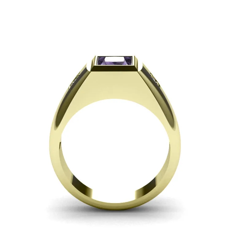 Solid 10K Gold Designer Men's Ring 0.06ct Diamonds with Purple Amethyst Classic Male Jewelry