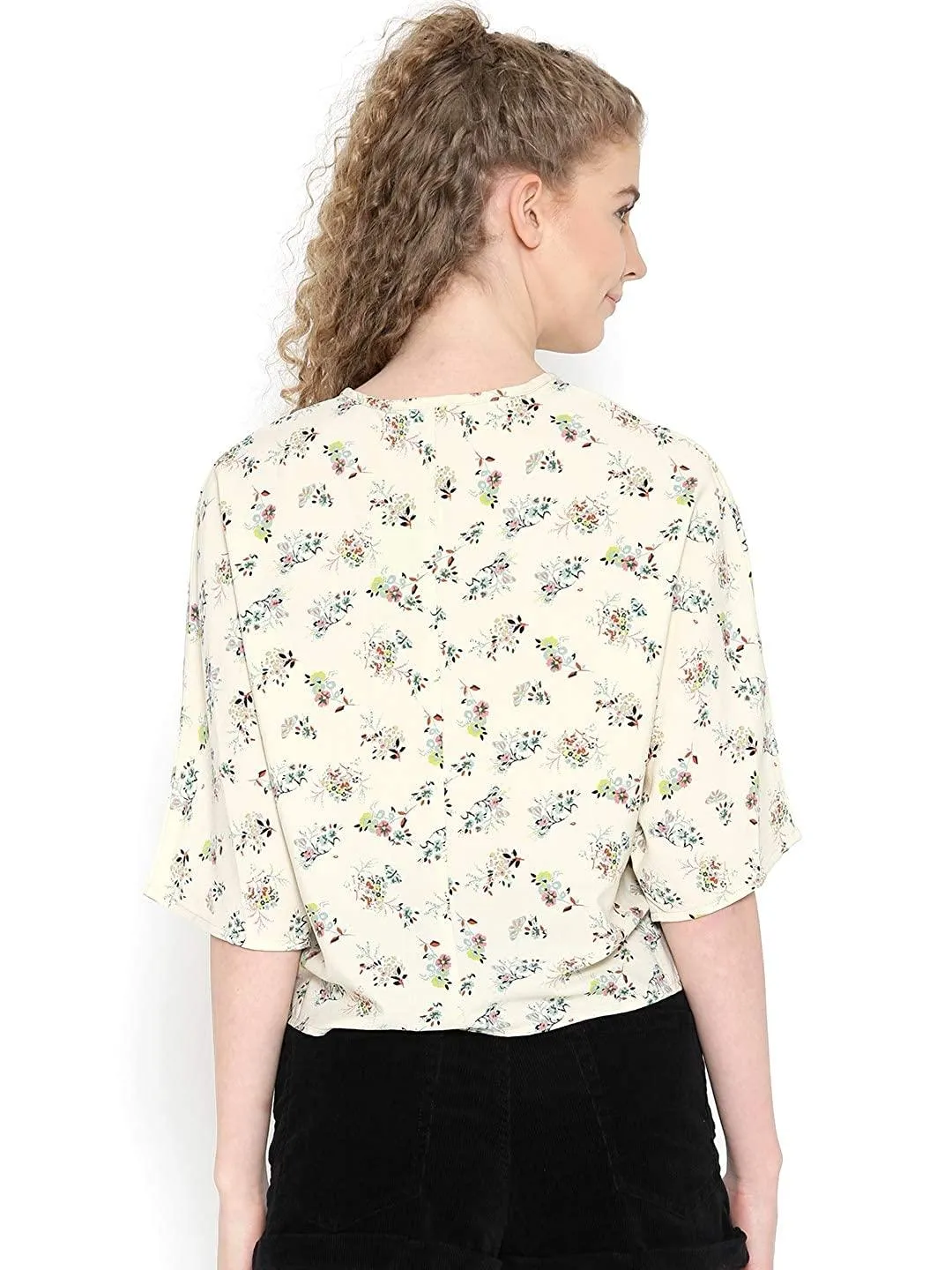 Style Quotient Women Cream Tie-Up Neck Floral Fashion Tops