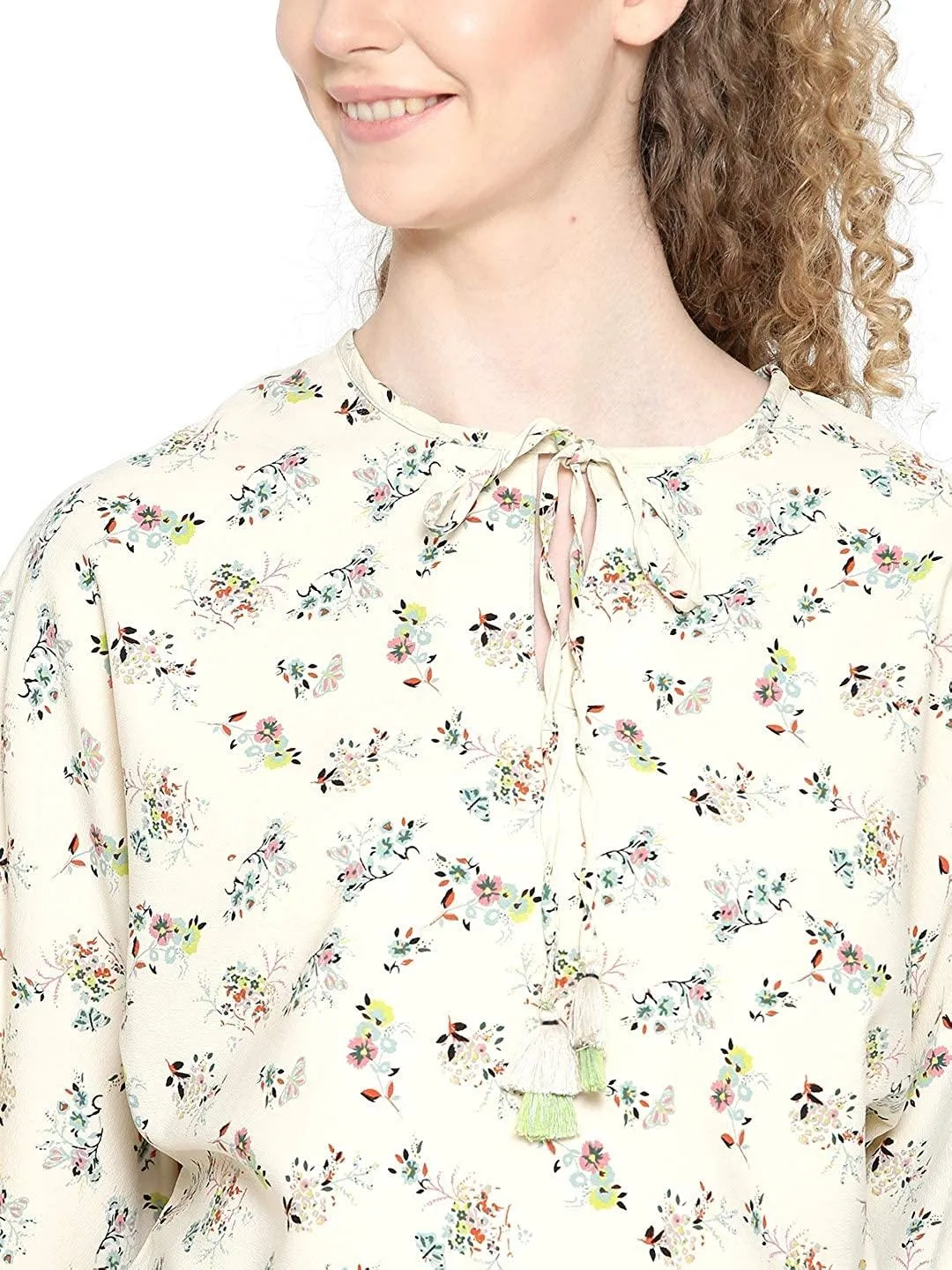 Style Quotient Women Cream Tie-Up Neck Floral Fashion Tops