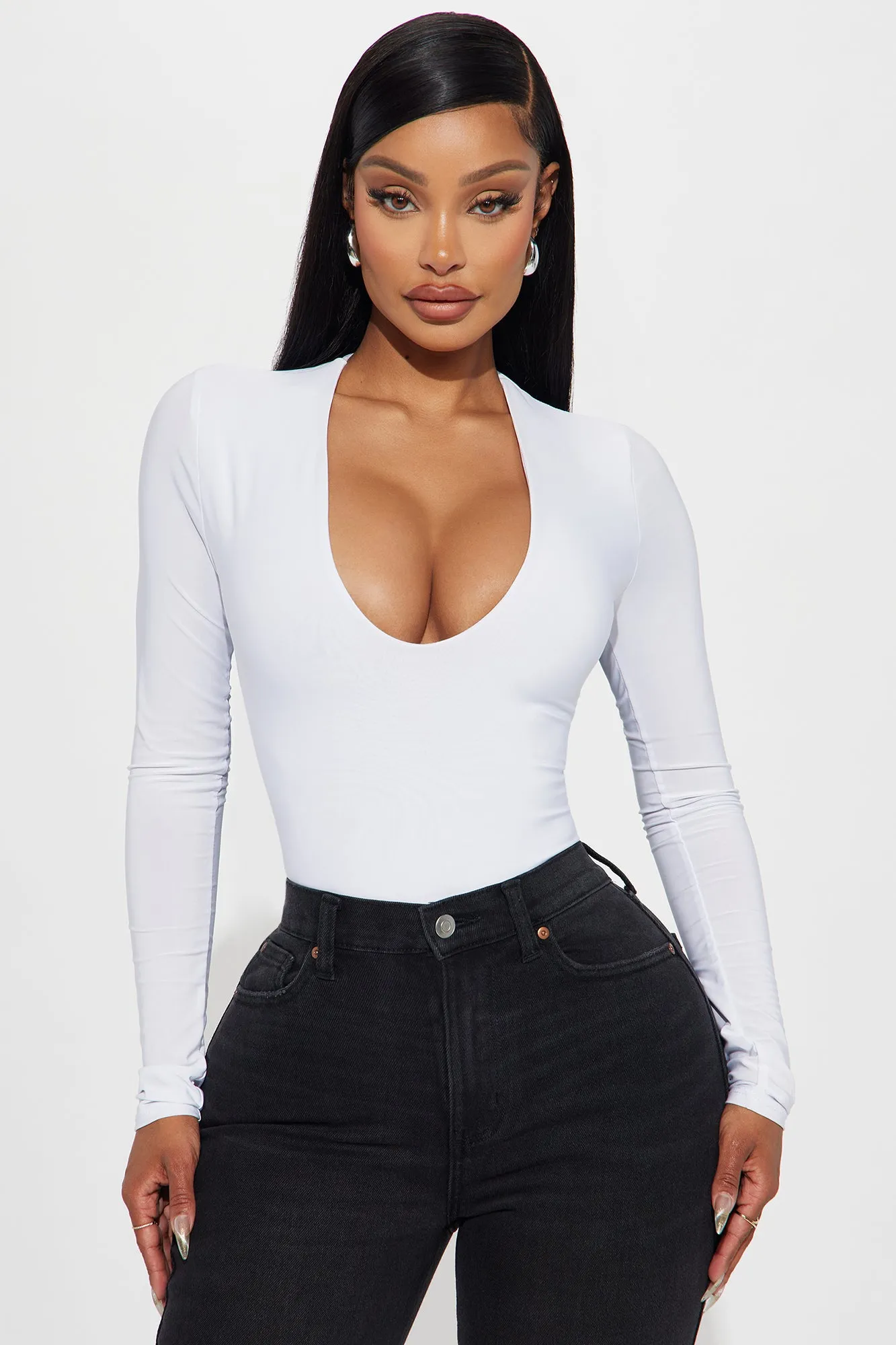 Take The Plunge Lined Long Sleeve Bodysuit - White