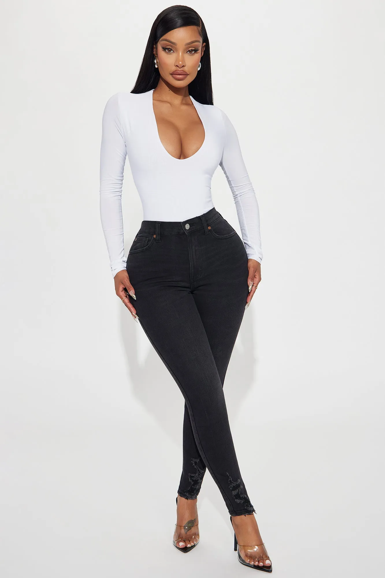 Take The Plunge Lined Long Sleeve Bodysuit - White