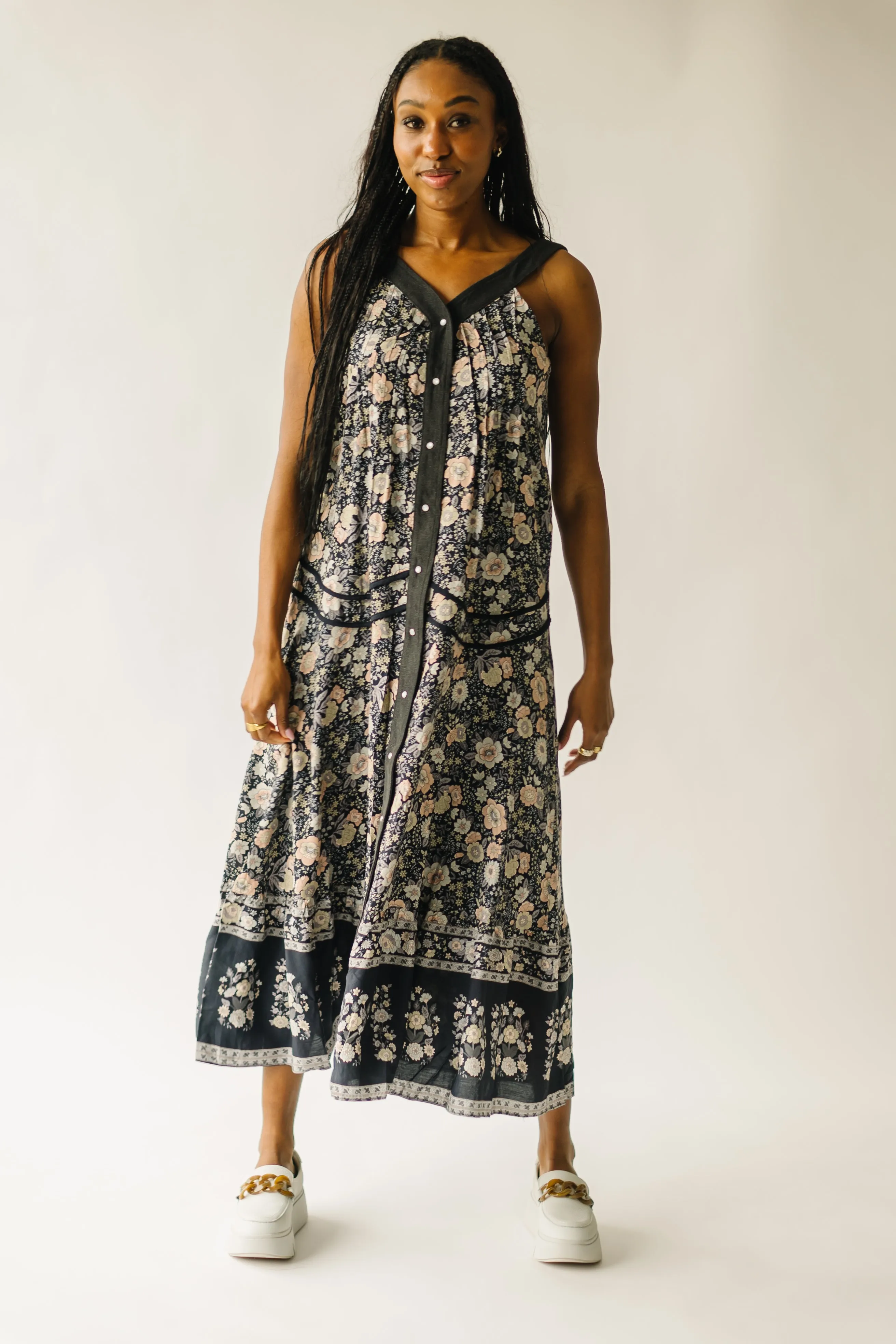 The Ender Mixed Floral V-Neck Maxi Dress in Midnight