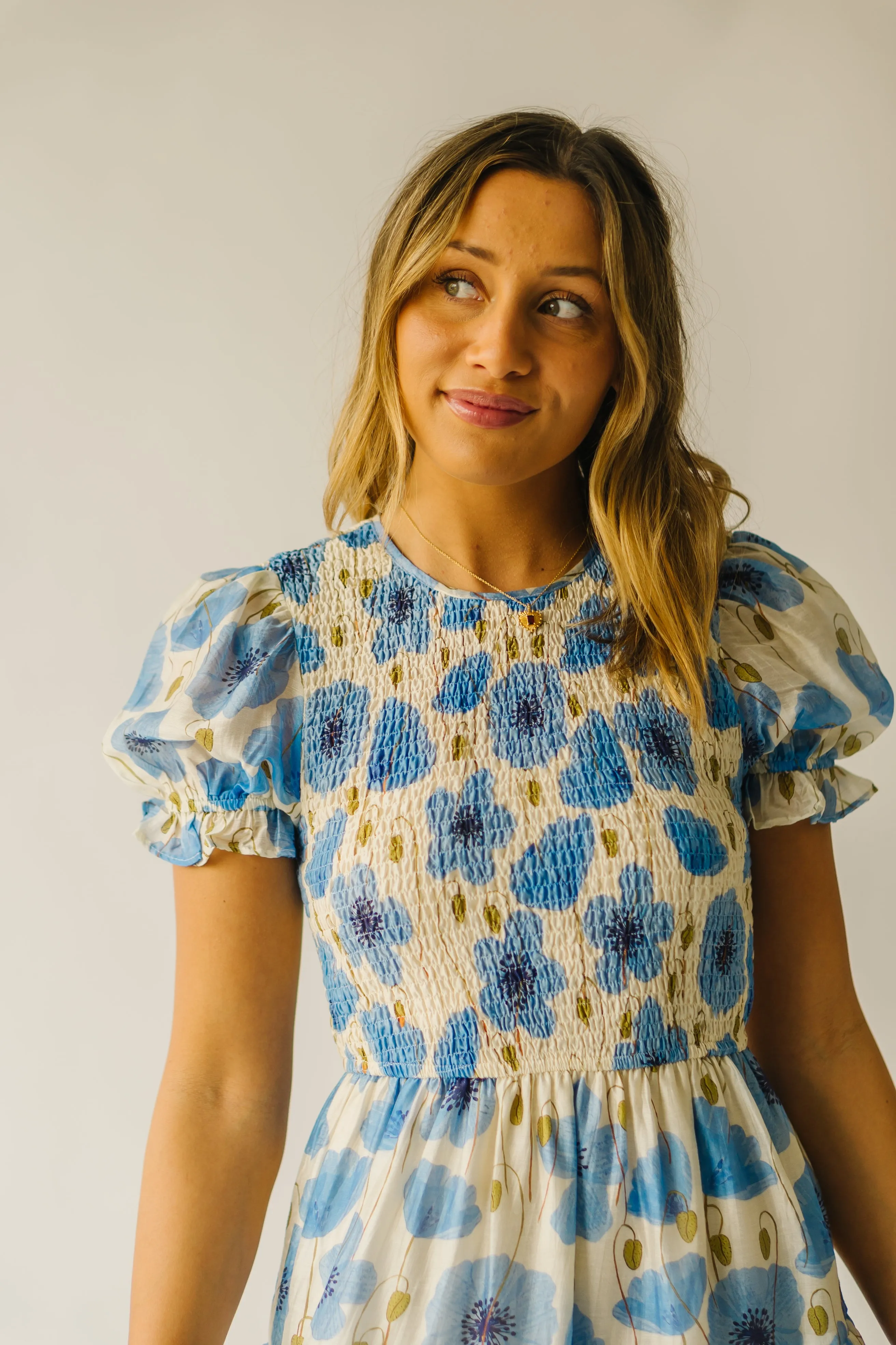 The Livia Floral Midi Dress in Cream   Blue Multi