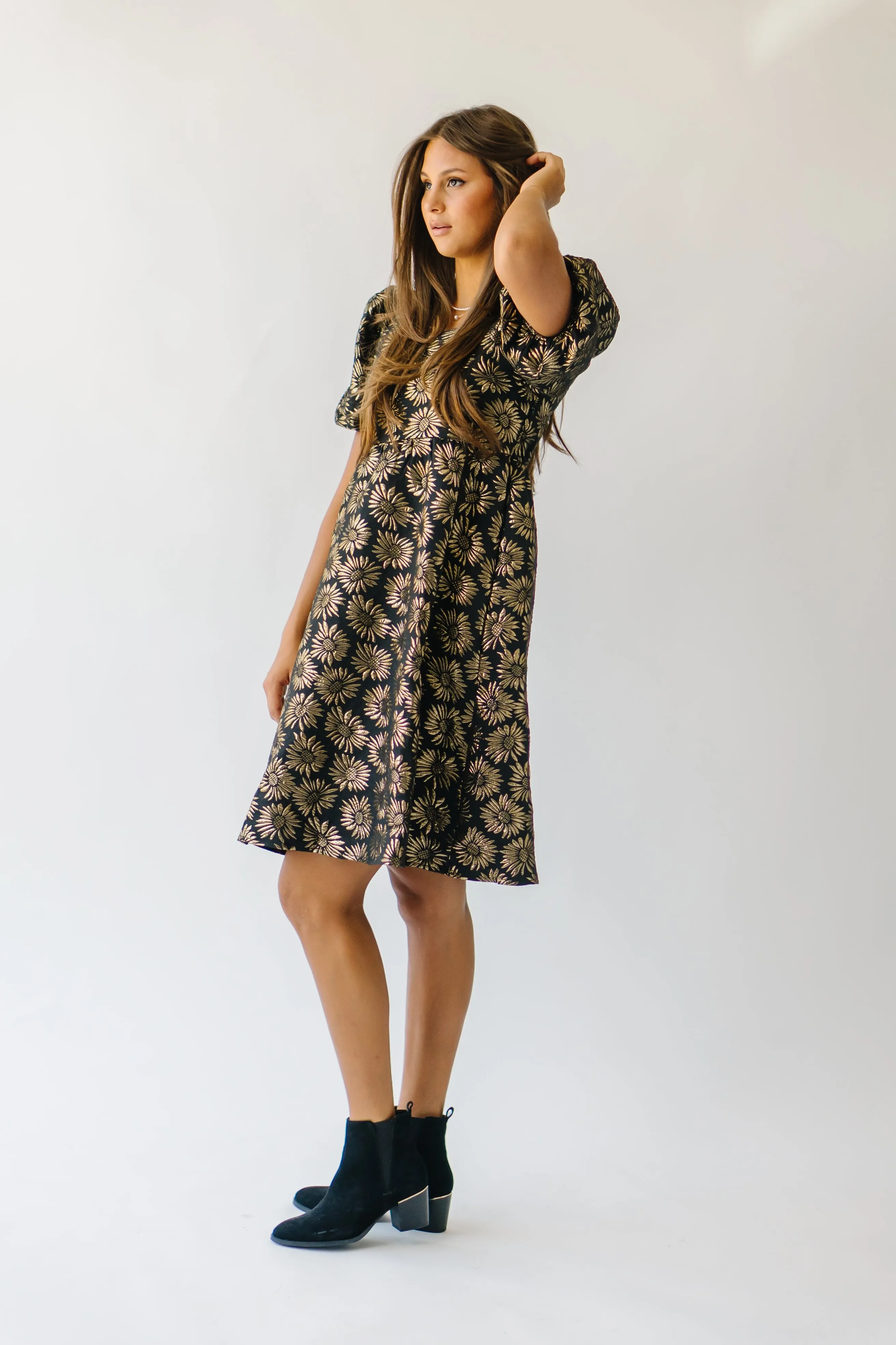 The Poplin Jacquard Floral Dress in Black