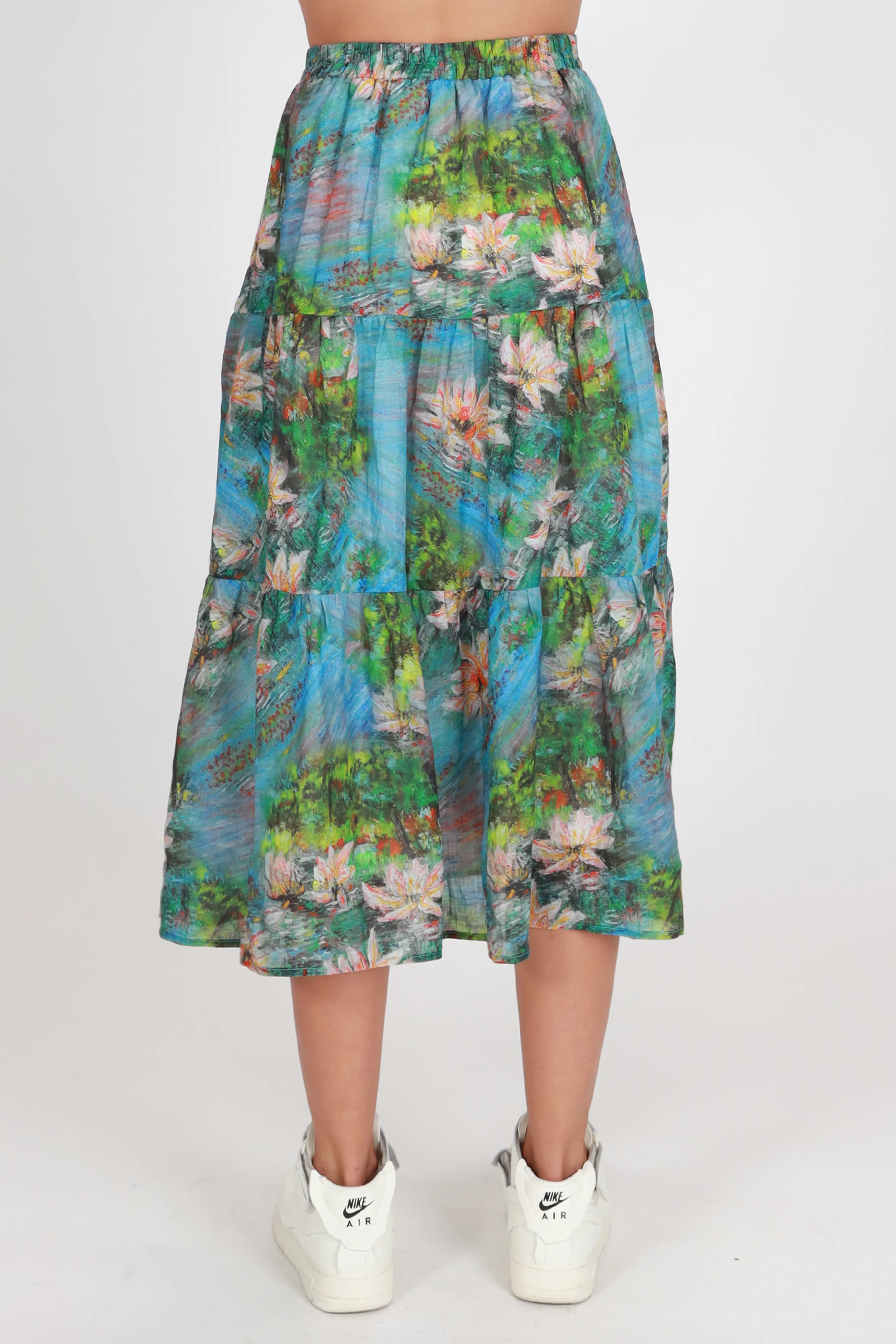 Tier Painted Blue Floral Midi Skirt