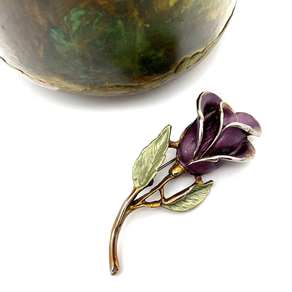 【USA輸入】ヴィンテージ パープル エナメル ローズ ブローチ/Vintage Purple Enamel Rose Brooch