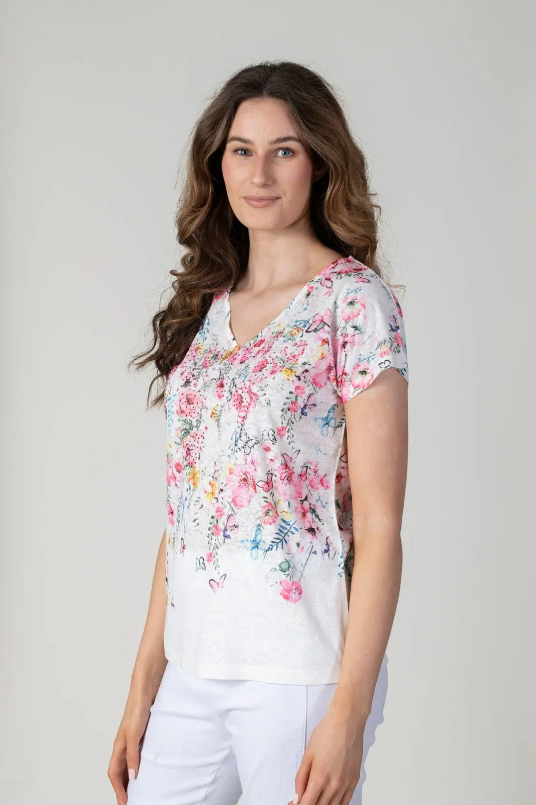 V Neck Floral T-Shirt - Pink