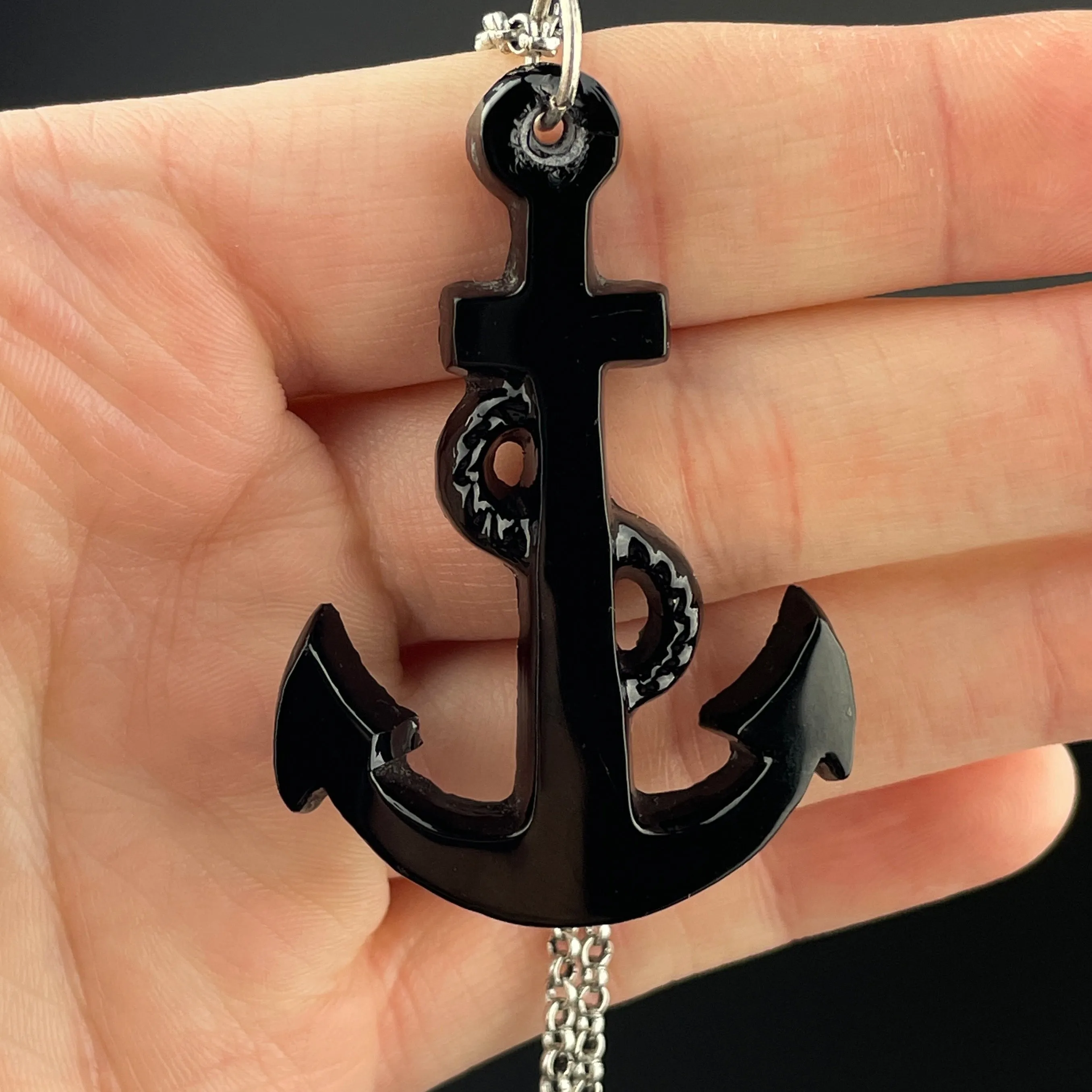 Victorian Carved Whitby Jet Anchor Pendant Necklace