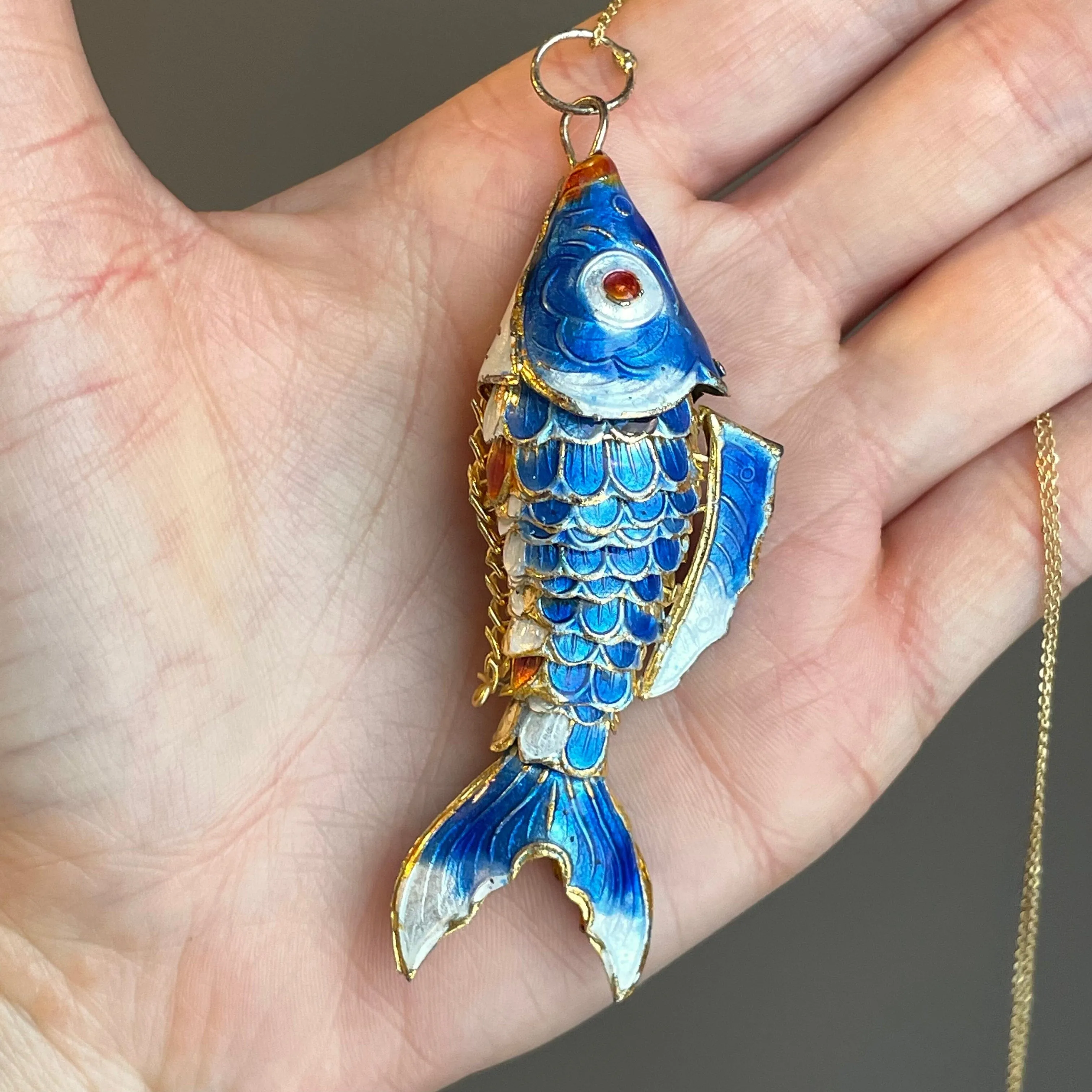 Vintage Articulated Blue Enamel Large Fish Pendant Necklace