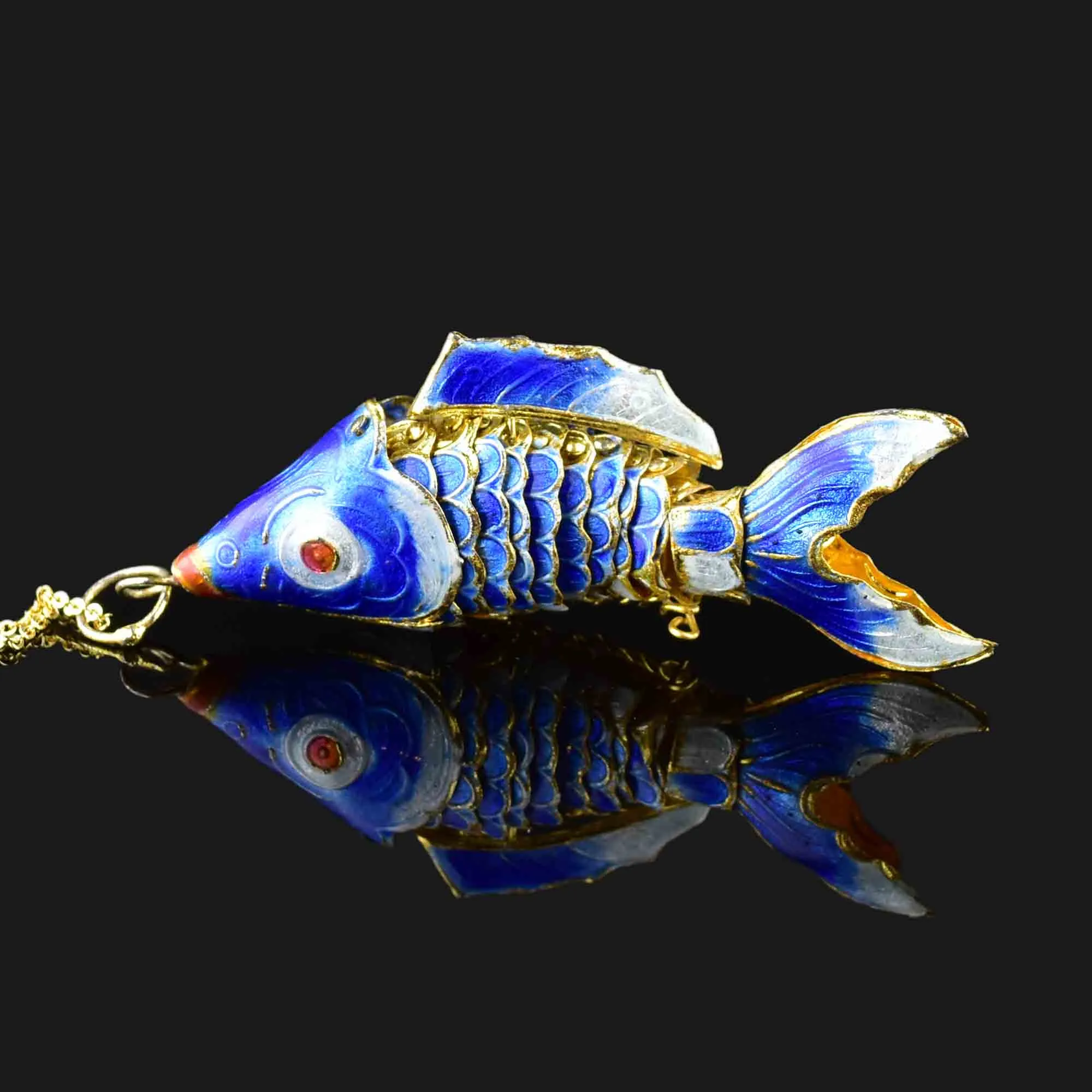 Vintage Articulated Blue Enamel Large Fish Pendant Necklace