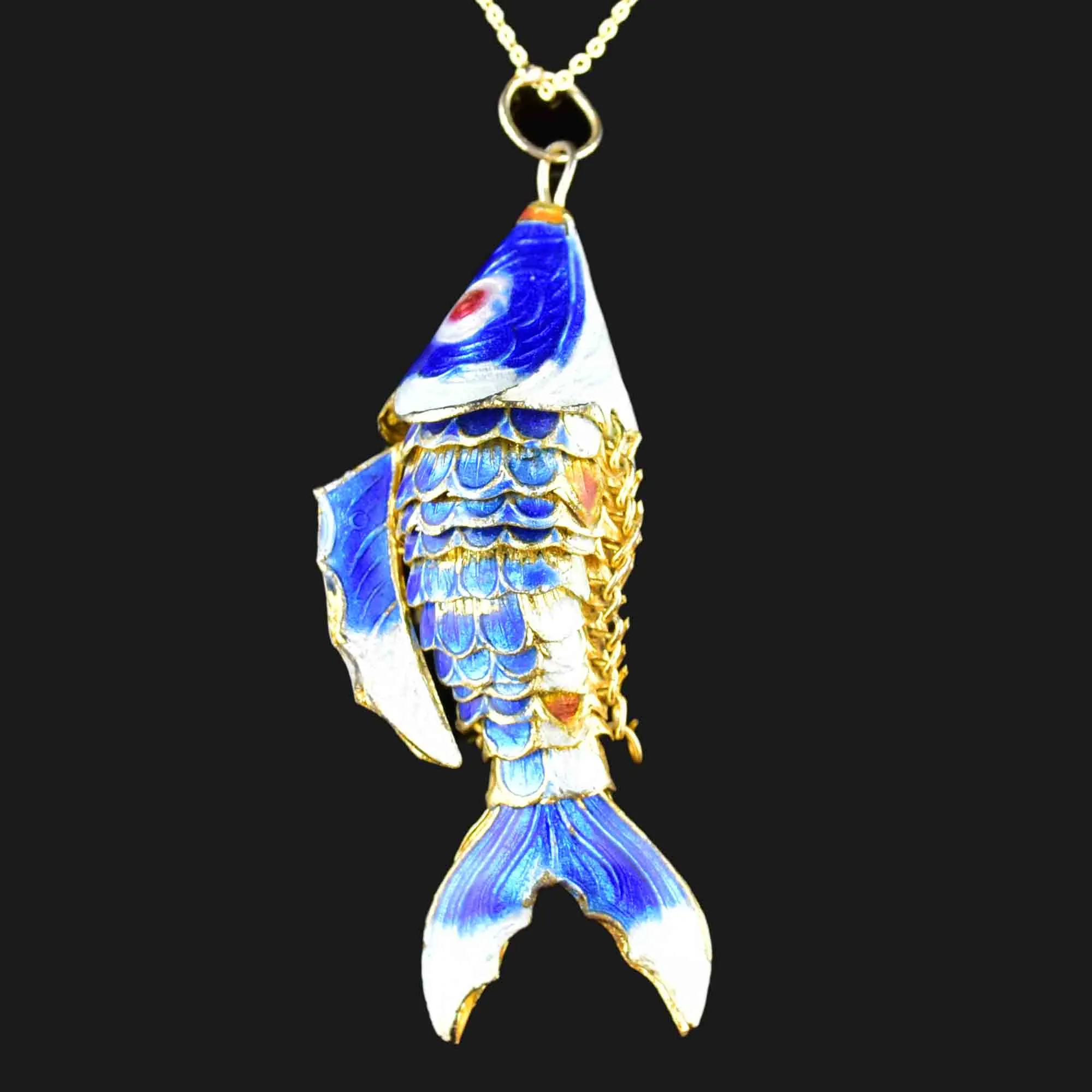 Vintage Articulated Blue Enamel Large Fish Pendant Necklace