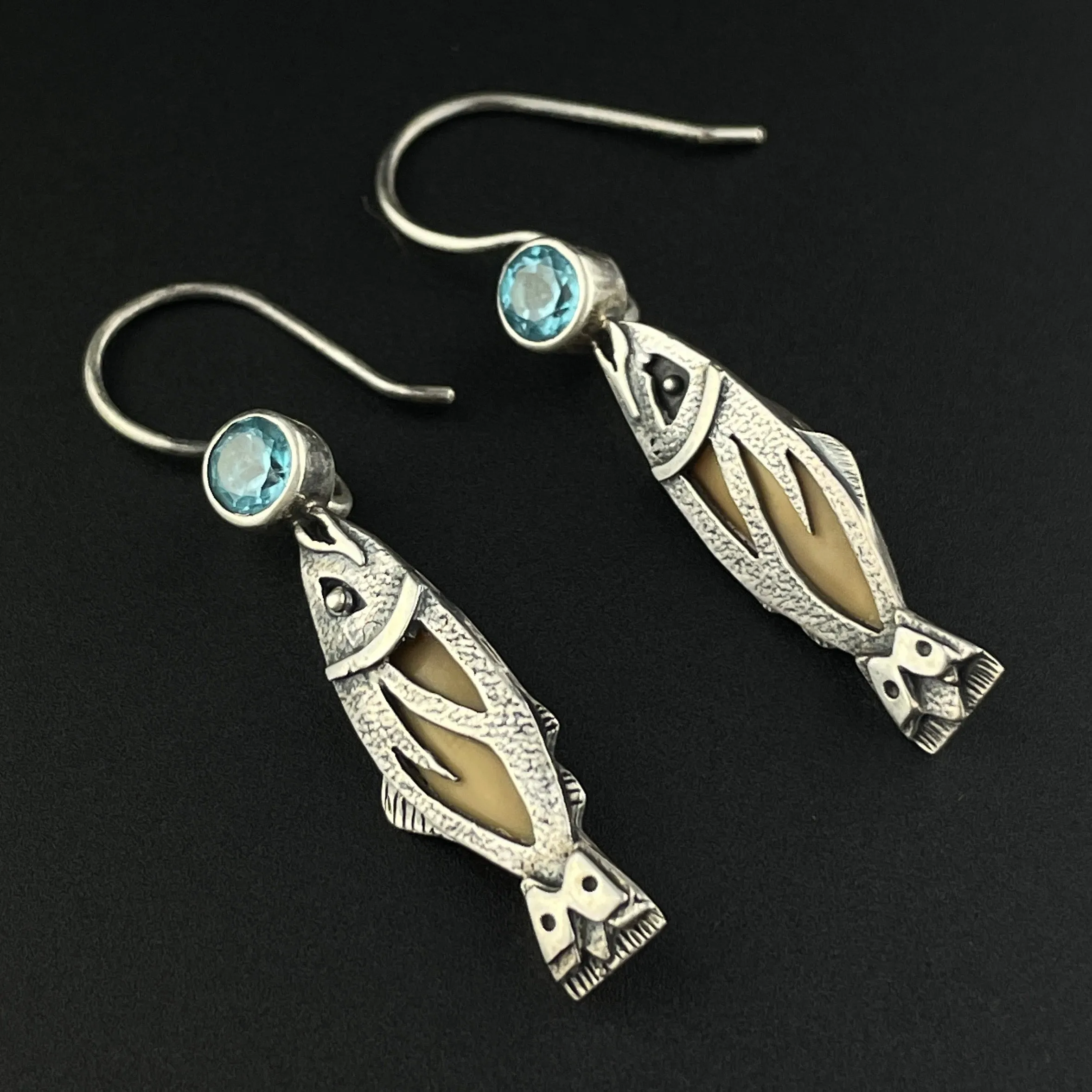 Vintage Blue Topaz Silver Fish Dangle Earrings