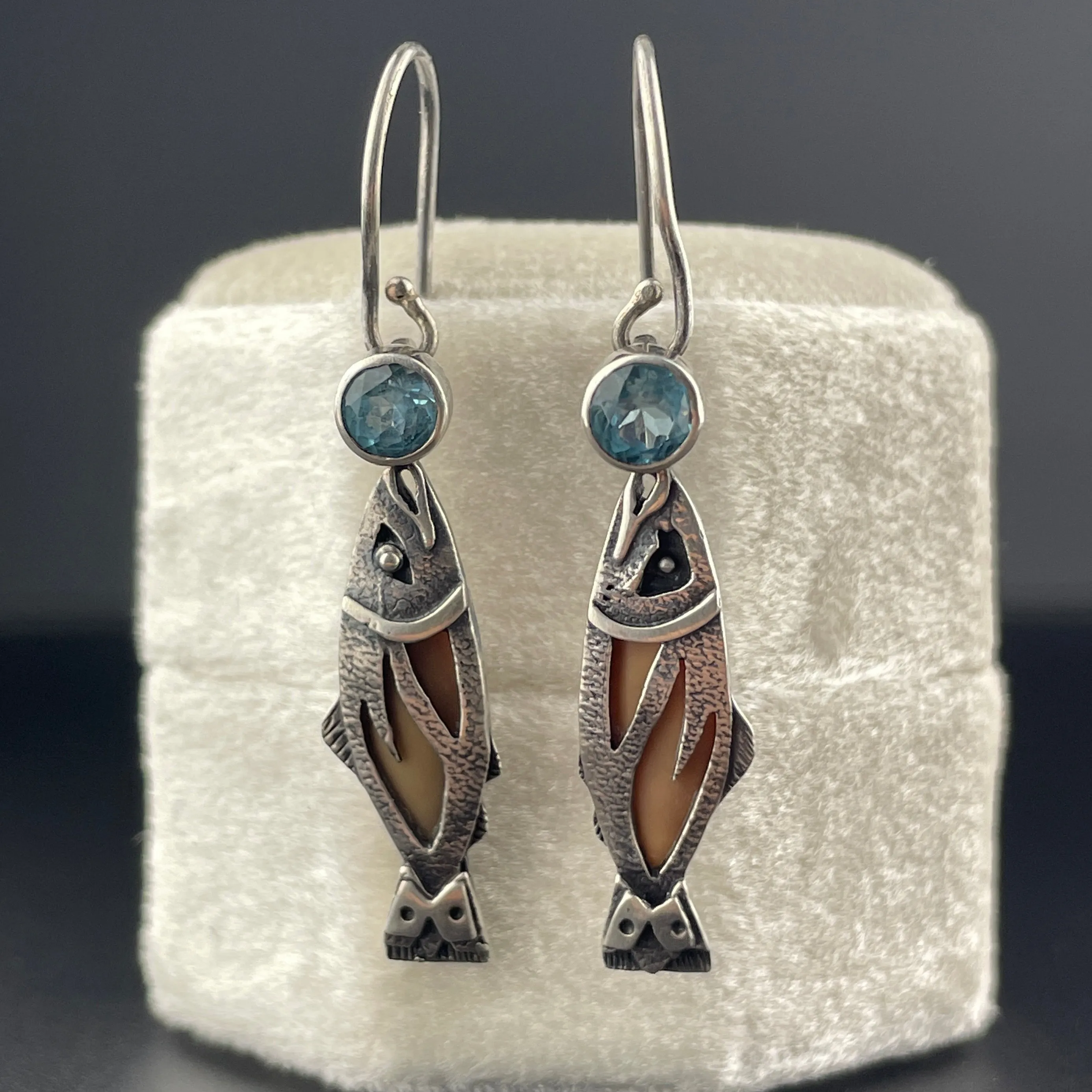 Vintage Blue Topaz Silver Fish Dangle Earrings