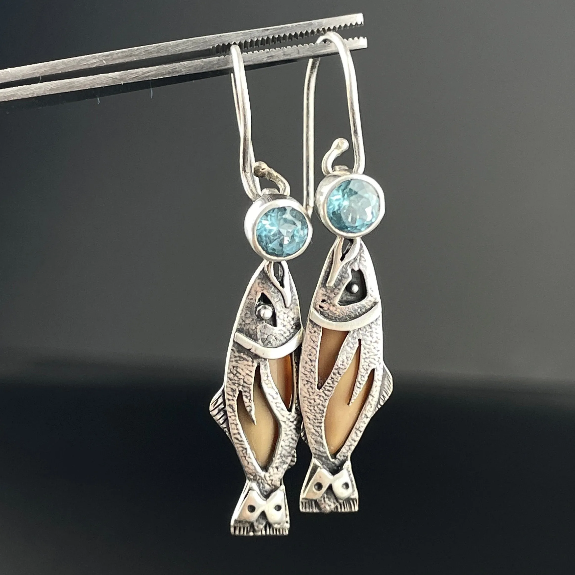 Vintage Blue Topaz Silver Fish Dangle Earrings