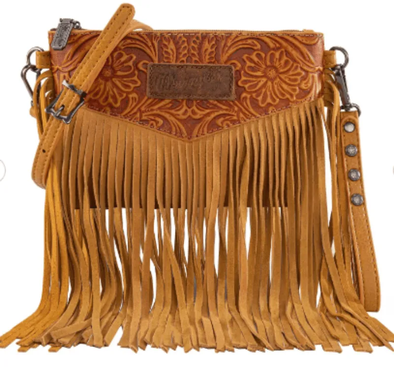 Wrangler Vintage Floral Tooled Fringe Crossbody Light Brown