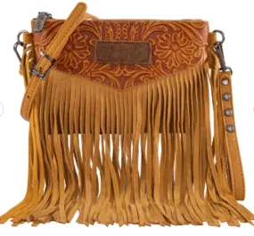 Wrangler Vintage Floral Tooled Fringe Crossbody Light Brown