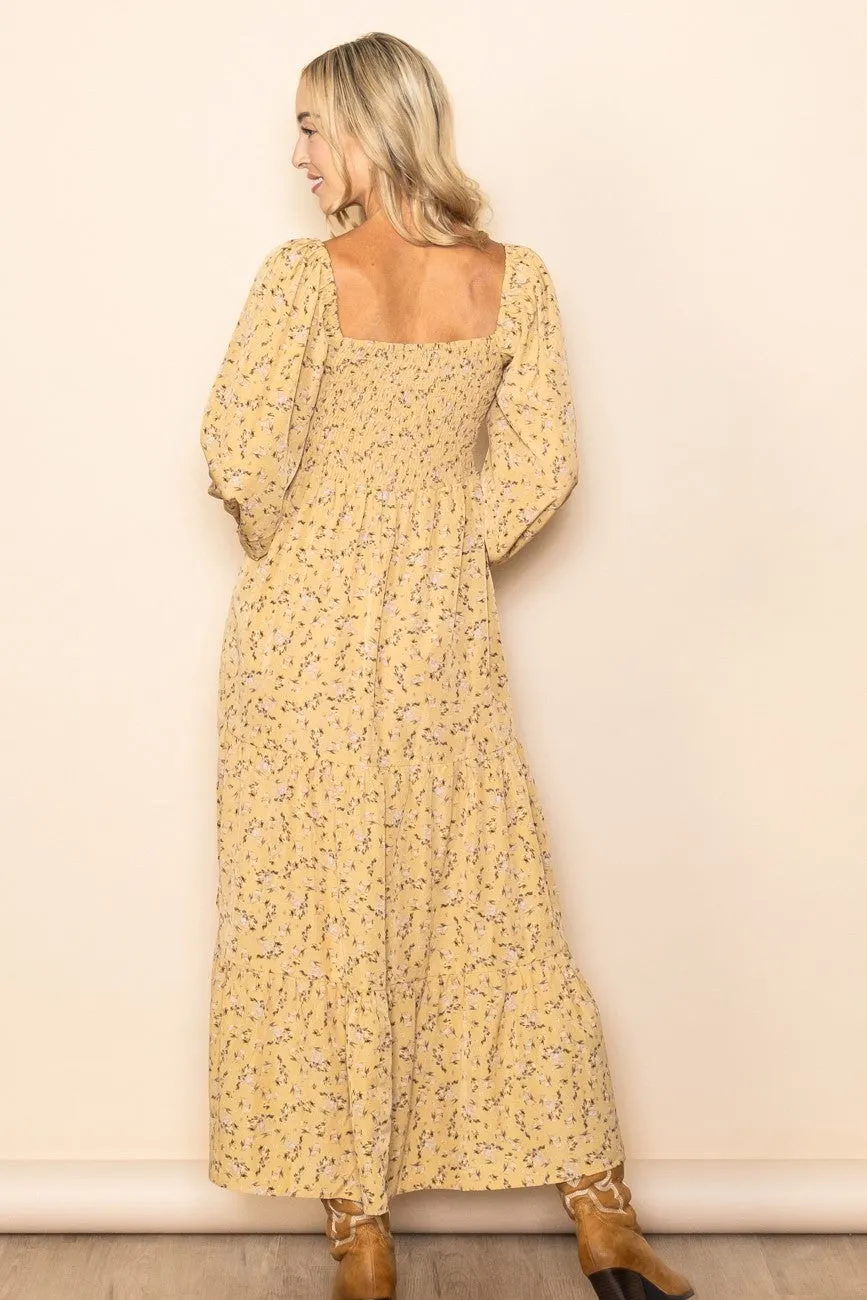 Yellow Floral Smocked Long Sleeve Maxi Dress